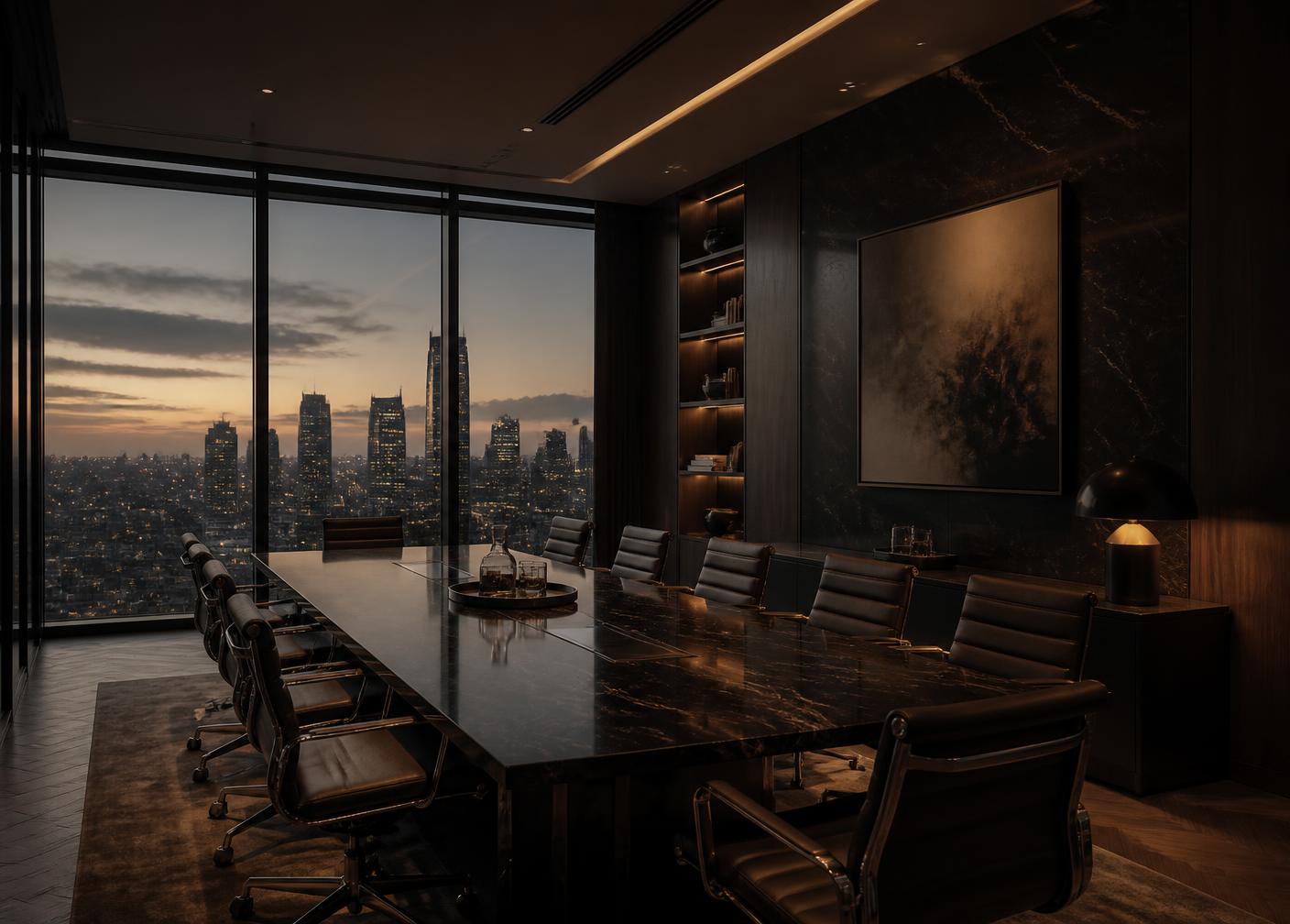 Private boardroom at dusk overlooking a city skyline